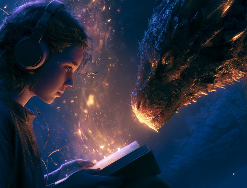 A reader listening as a dragon of words comes to life